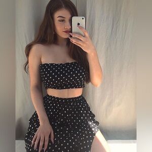 SHEIN Polka Dot Shirred Bandeau Top & Maxi Skirt Set